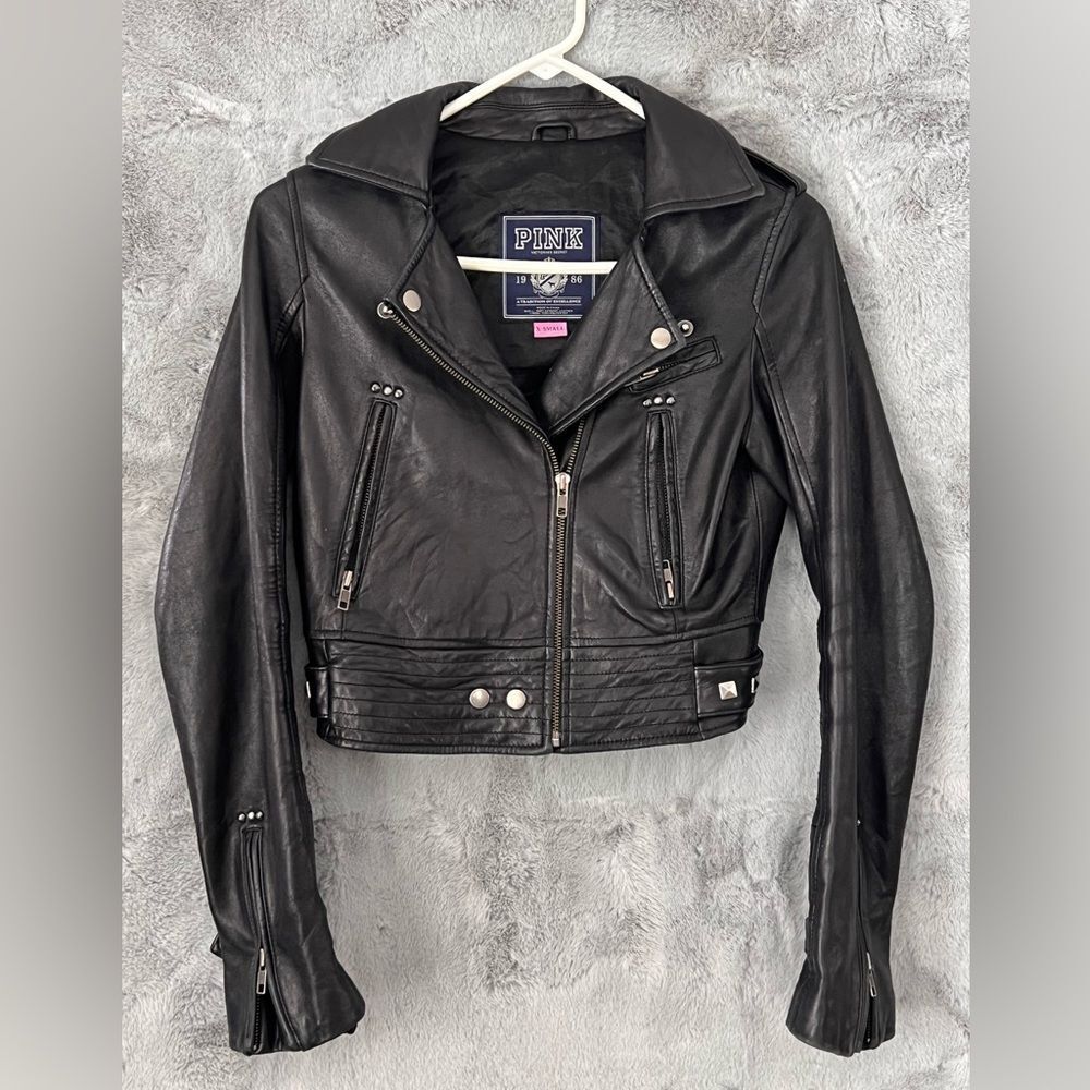 PINK Victoria's Secret Black 100% Genuine Leather Moto Jacket